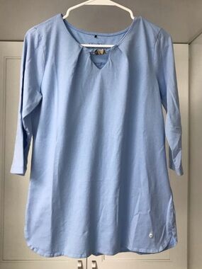 Olsen Light Blue Tunic Top with Decorative Neck Detail US 6